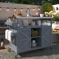 Outdoor Kitchen Island with Stainless Steel Top and Modular Shelves, Rolling Bar Cart with Spice Racks, 50'' L x 18.5'' W x 36'' H, Grey+Blue(m-8)