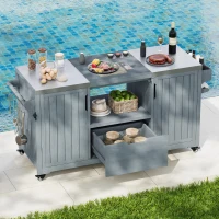 Outdoor Kitchen Island with Stainless Steel Top, Adjustable 5‑Level Shelves, Fir Wood Grill Cart with Drawer, 66.5'' L x 23'' W x 34.5'' H, Grey+Blue(m-11)
