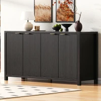 Fluted Buffet Cabinet with 4 Doors, Adjustable Shelves, Soft-Close Hinges, Large Buffet Sideboard for Dinning Room, 55'' L x 15.5'' W x 33'' H, Black(m-8)