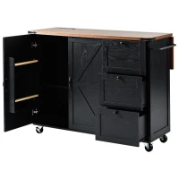 Farmhouse Kitchen Island with Built-in Charging Station, 3 Drawers, Rolling Cart for Kitchen and Dining Room, 54.5'' L x 28.5'' W x 36.5'' H, Black(m-2)
