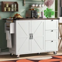 Farmhouse Kitchen Island with 2 Barn Doors, 3 Smooth-Glide Drawers, Rolling Kitchen Cart with Locking Wheels, 54.5'' L x 28.5'' W x 36.5'' H, White(m-9)