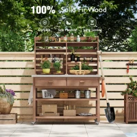 Outdoor Potting Bench Table with 2 Large Drawers, 4 Lockable Wheels, Wooden Kitchen Island with Stainless Steel Top, 52'' L x 22'' W x 65'' H, Brown(m-4)