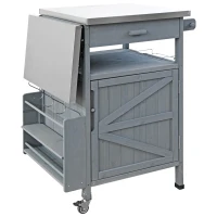 Outdoor Grill Cart with Stainless Steel Top and Large Drawer, Solid Fir Wood Storage Cabinet with Drop Leaf, 40.5'' L x 21'' W x 36'' H, Blue+Grey(m-2)