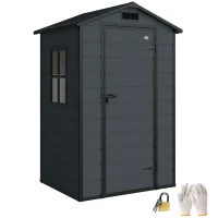 Outsunny 4' x 3' Plastic Garden Shed with Floor, Outdoor Small Shed with Lockable Door, Window and Vent, Dark Grey(m-11)