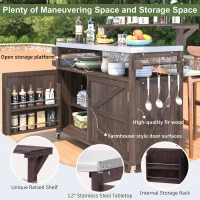 Outdoor Kitchen Island with Raised Shelf, Stainless Steel Top, Solid Storage Cabinet with Internal Rack, 53.5'' L x 27'' W x 43'' H, Dark Brown(m-5)