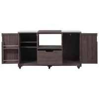 Outdoor Kitchen Island with Stainless Steel Top, Adjustable 5‑Level Shelves, Fir Wood Grill Cart with Drawer, 66.5'' L x 23'' W x 34.5'' H, Dark Brown(m-14)