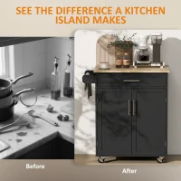 HOMCOM Kitchen Island Cart, Rolling Island Table with Solid Wood Top, Trolley Cart with Drawer, Storage Cabinet & Towel Rack, Black(m-9)