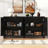 Fluted Buffet Cabinet with 4 Doors, Adjustable Shelves, Soft-Close Hinges, Large Buffet Sideboard for Dinning Room, 55'' L x 15.5'' W x 33'' H, Black(m-1)