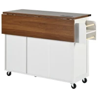 Farmhouse Kitchen Island with Built-in Power Outlet and Drop Leaf, Rolling Kitchen Cart with Locking Wheels, 54.5'' L x 28.5'' W x 36.5'' H, White(m-14)