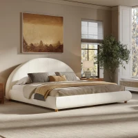 King Size Platform Bed with Integrated Mattress Retainer, Boucle Fabric, Solid Bedboard with Low-Profile Frame, 86.5'' L x 80'' W x 41'' H, White(m-1)