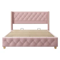 Full Size Velvet Upholstered Platform Bed with Diamond Button Tufting, Extra‑Wide Bedboard with Wooden Legs, 58.5'' L x 78'' W x 42.5'' H, Pink(m-6)
