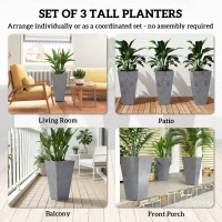 Outsunny 28" Tall Planters, Set of 3 Plastic Flower Pots with Marble Finish and Drainage Holes, Stackable Taper Planters, Gray(m-4)