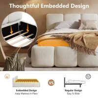 Queen Size Platform Bed with Padded Headboard, Embedded Mattress Retainer, Solid Bedboard with Wood Frame, 88.5'' L x 67'' W x 11.5'' H, White(m-4)