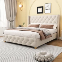 Full Size Upholstered Platform Bed with Diamond Tufted Headboard, Extra‑Wide Bedboard with Wooden Legs, 58.5'' L x 78'' W x 42.5'' H, Beige(m-1)