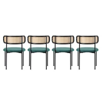 Set of 4 Modern Velvet Dining Chairs with PE Rattan Backrest, Minimalist Leisure Chairs with Round Padded Seat, 19.5'' L x 20'' W x 29.5'' H, Green(m-2)