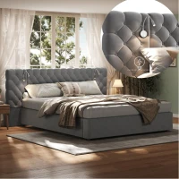 King Size Upholstered Bed with Extra-Wide Diamond Tufted Headboard, Plush Velvet Bed with Built-In Reading Lights, 83'' L x 102'' W x 42'' H, Grey(m-6)
