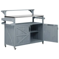Outdoor Kitchen Island with Raised Shelf & 360° Lockable Wheels, Solid Storage Cabinet with Internal Rack, 53.5'' L x 27'' W x 43'' H, Grey+Blue(m-12)