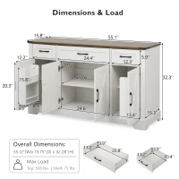 Large Buffet Sideboard with 3 Drawers and 4 Internal Door Shelves, Modern Coffee Bar for Kitchen, Living Room, 55'' L x 15.5'' W x 32'' H, White(m-3)