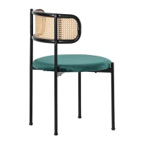 Set of 4 Modern Velvet Dining Chairs with PE Rattan Backrest, Minimalist Leisure Chairs with Round Padded Seat, 19.5'' L x 20'' W x 29.5'' H, Green(m-10)