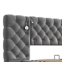 King Size Upholstered Bed with Extra-Wide Diamond Tufted Headboard, Plush Velvet Bed with Built-In Reading Lights, 83'' L x 102'' W x 42'' H, Grey(m-7)