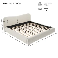 King Size Platform Bed with Smooth Curved Headboard, Plywood Frame, Upholstered Bed with Reinforced Slats, 86'' L x 80'' W x 34'' H, White(m-3)