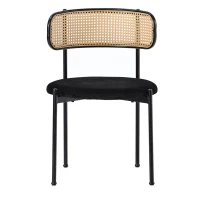 Set of 4 Velvet Dining Chairs with PE Rattan Backrest, Modern Leisure Chairs with Sturdy Metal Legs, 19.5'' L x 20'' W x 29.5'' H, Black+Natural(m-11)