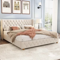 King Size Linen Upholstered Bed with Diamond Tufted Buttons, Solid Bedboard with Sturdy Wood Legs, 80.5'' L x 82.5'' W x 42.5'' H, Beige(m-1)