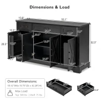 Large Buffet Sideboard with 3 Drawers and 4 Internal Door Shelves, Modern Coffee Bar for Kitchen, Living Room, 55'' L x 15.5'' W x 32'' H, Black(m-3)