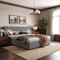 King Size Upholstered Bed with Extra-Wide Diamond Tufted Headboard, Plush Velvet Bed with Built-In Reading Lights, 83'' L x 102'' W x 42'' H, Grey