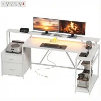 HOMCOM 76" Gaming Desk, Reversible Computer Table with RGB Lights, USB Ports, Monitor Stand and 2 Fabric Drawers, White(m-2)