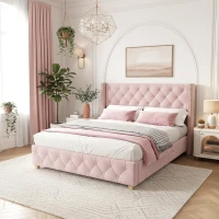 Full Size Velvet Upholstered Platform Bed with Diamond Button Tufting, Extra‑Wide Bedboard with Wooden Legs, 58.5'' L x 78'' W x 42.5'' H, Pink(m-1)