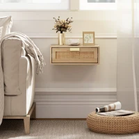 HOMCOM Floating Bedside Tables Set of 2, Wall Mounted Nightstands with Rattan Drawer and Wood Effect, Oak(m-10)