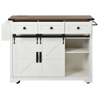 Farmhouse Kitchen Island with 2 Sliding Barn Doors, 3 Drawers, Rolling Kitchen Cart with Built-in Power Outlet, 53.5'' L x 18.5'' W x 37'' H, White(m-13)