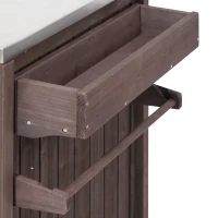 Outdoor Kitchen Island with Stainless Steel Top, Adjustable 5‑Level Shelves, Fir Wood Grill Cart with Drawer, 66.5'' L x 23'' W x 34.5'' H, Dark Brown(m-12)