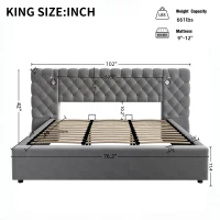 King Size Upholstered Bed with Extra-Wide Diamond Tufted Headboard, Plush Velvet Bed with Built-In Reading Lights, 83'' L x 102'' W x 42'' H, Grey(m-3)