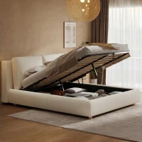 King Size Hydraulic Lift Storage Platform Bed with Washable Headrests, Sturdy Bed Frame with padded cushions, 91'' L x 80'' W x 37'' H, White(m-1)