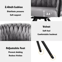 Set of 2 Velvet Dining Chairs with Ergonomic Padded Seat, Metal Legs, Modern Swivel Chairs with Adjustable Feet, 23'' L x 21'' W x 28.5'' H, Gray(m-5)
