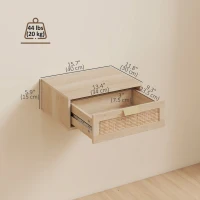 HOMCOM Floating Bedside Tables Set of 2, Wall Mounted Nightstands with Rattan Drawer and Wood Effect, Oak(m-3)