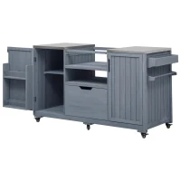 Outdoor Kitchen Island with Stainless Steel Top, Adjustable 5‑Level Shelves, Fir Wood Grill Cart with Drawer, 66.5'' L x 23'' W x 34.5'' H, Grey+Blue(m-2)