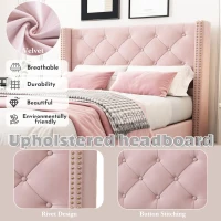 Full Size Velvet Upholstered Platform Bed with Diamond Button Tufting, Extra‑Wide Bedboard with Wooden Legs, 58.5'' L x 78'' W x 42.5'' H, Pink(m-4)