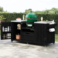 Outdoor Kitchen Island with Adjustable Shelves, Internal Storage Racks, Wooden Grill Cart with Stainless Steel Top, 66.5'' L x 23'' W x 34.5'' H, Black(m-1)