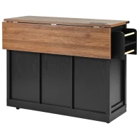 Large Kitchen Island with 2 Sliding Barn Doors and 3 Drawers, Rolling Island with Built-In Power Outlet, 53.5'' L x 18.5'' W x 37'' H, Black(m-14)