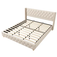 King Size Linen Upholstered Bed with Diamond Tufted Buttons, Solid Bedboard with Sturdy Wood Legs, 80.5'' L x 82.5'' W x 42.5'' H, Beige(m-2)