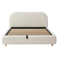 Queen Size Hydraulic Lift Storage Bed with Upholstered Headboard, Modern Bedboard with Rubberwood Legs, 88'' L x 64'' W x 35'' H, White(m-12)