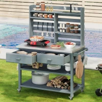 Outdoor Potting Bench Table with 2 Large Drawers, 4 Lockable Wheels, Wooden Kitchen Island with Stainless Steel Top, 52'' L x 22'' W x 65'' H, Grey+Blue(m-1)