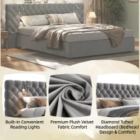 King Size Upholstered Bed with Extra-Wide Diamond Tufted Headboard, Plush Velvet Bed with Built-In Reading Lights, 83'' L x 102'' W x 42'' H, Grey(m-4)