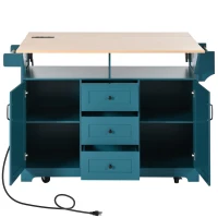 Mobile Kitchen Island with Built-in Charging Station and 3 Deep Drawers, Rolling Kitchen Cart for 4–6 Seating, 55.5'' L x 34'' W x 36.5'' H, Green(m-12)