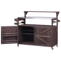 Outdoor Kitchen Island with Raised Shelf, Stainless Steel Top, Solid Storage Cabinet with Internal Rack, 53.5'' L x 27'' W x 43'' H, Dark Brown(m-2)