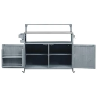 Outdoor Kitchen Island with Raised Shelf & 360° Lockable Wheels, Solid Storage Cabinet with Internal Rack, 53.5'' L x 27'' W x 43'' H, Grey+Blue(m-13)