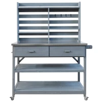 Outdoor Potting Bench Table with 2 Large Drawers, 4 Lockable Wheels, Wooden Kitchen Island with Stainless Steel Top, 52'' L x 22'' W x 65'' H, Grey+Blue(m-13)